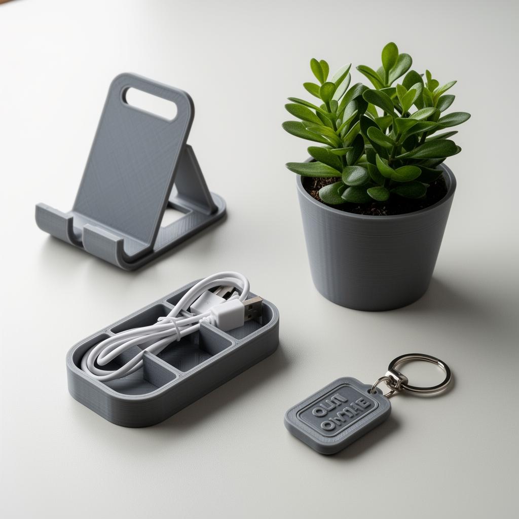 3D printed phone stand, cable organizer, planter and keychain
