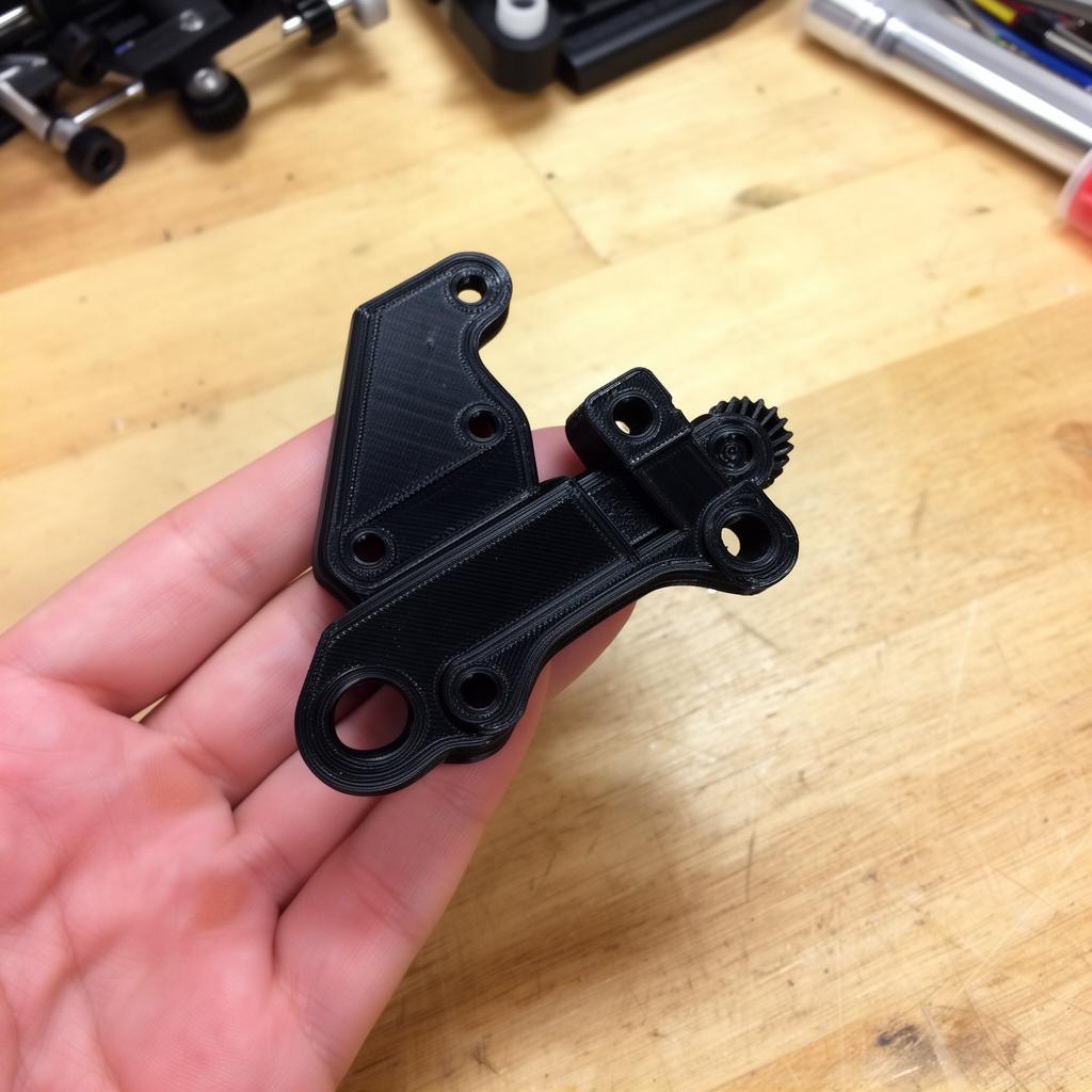 3D printed black mechanical bracket held in a hand